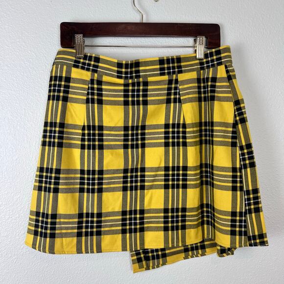 Hell Bunny Corey Yellow Plaid Pleated Mini Skirt Heart Buckle NWT L - Picture 4 of 6